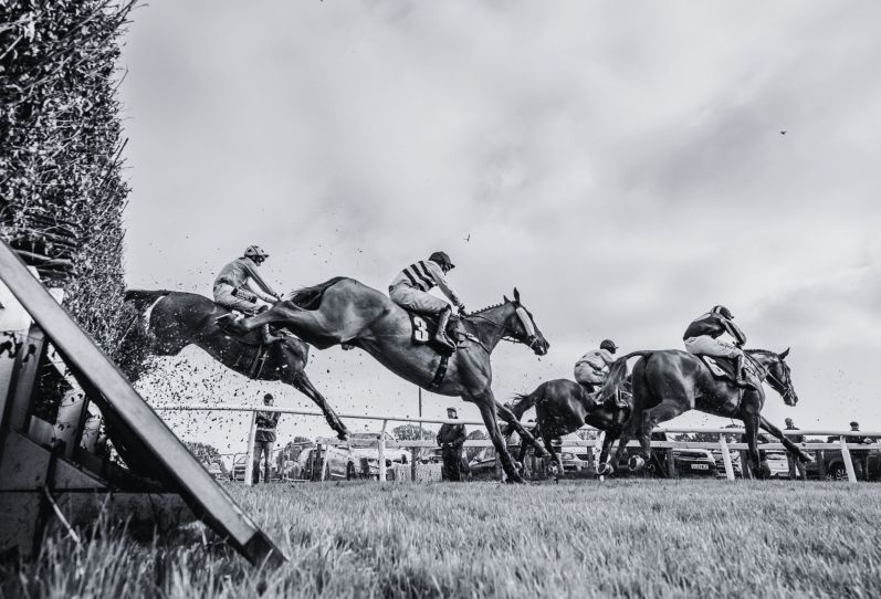 Ground photo of horses jumping over chase fence
